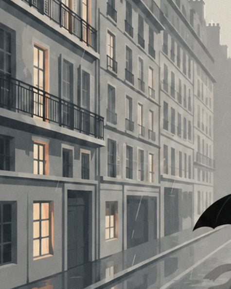 Grey building façades with lit windows and wrought-iron balconies, in the rain