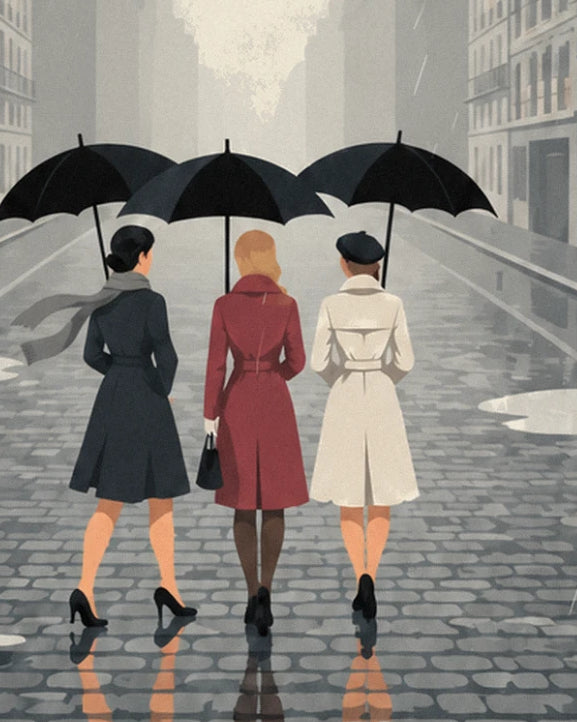 The 3 women seen from behind beneath black umbrellas, in grey, red and white coats, on the cobblestones