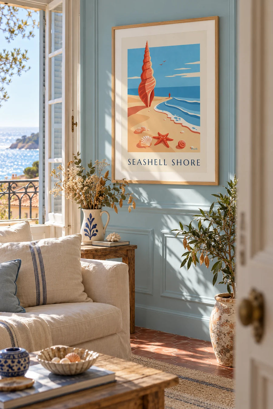 Poster Seestern und Muscheln im Sand: gerahmt an der Wand