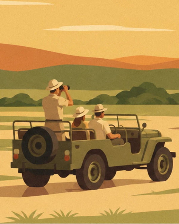 The 3 safari-goers in white hats in their khaki jeep, raising binoculars over the savannah