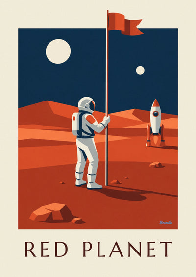 Poster Astronaut, der eine Flagge auf dem Planeten Mars hisst: das ganze Poster