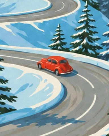 La voiture rouge dans un virage bordé de neige et de sapins