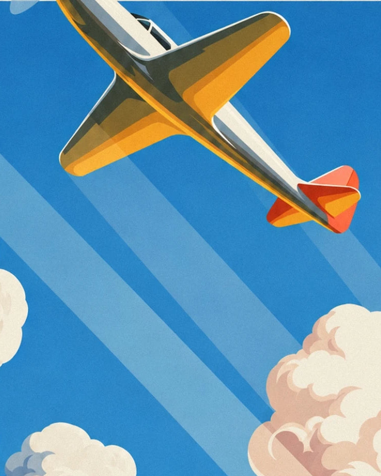 L'avion à hélices jaune et orange, queue rouge, dans le ciel bleu rayé de lumière