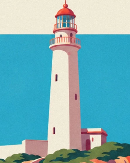 The white lighthouse with its red lantern, standing before the turquoise sea