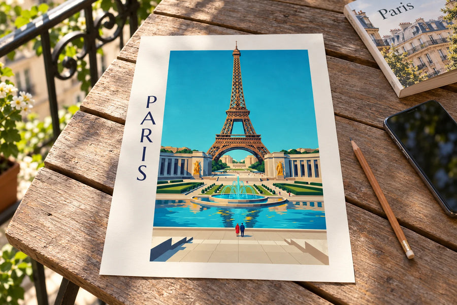 Affiche palais de Chaillot et fontaines du Trocadéro à Paris : posée sur une table