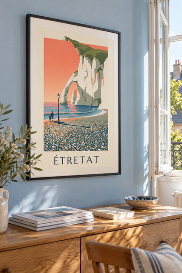 Poster weiße Klippen von Étretat bei Sonnenuntergang: gerahmt an der Wand