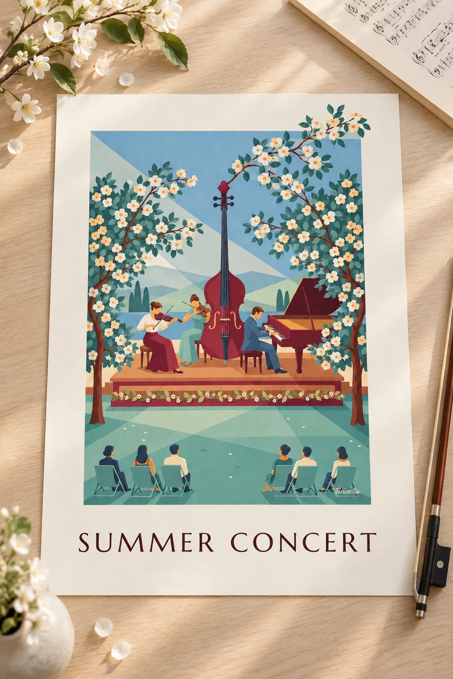 Affiche trio de musique classique en concert d'été en plein air : posée sur une table