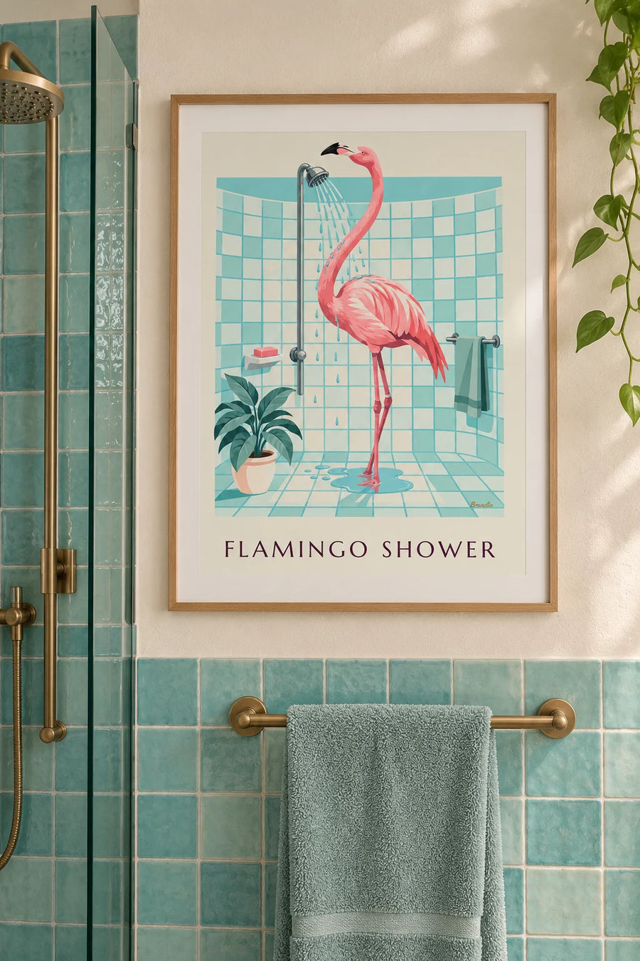 Affiche flamant rose sous la douche dans une salle de bain : encadrée au mur