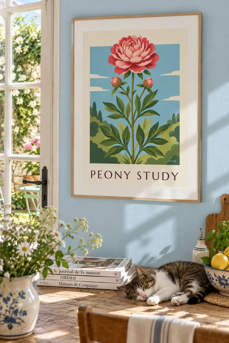 Poster rosa Pfingstrose als Botanik-Tafel: gerahmt an der Wand
