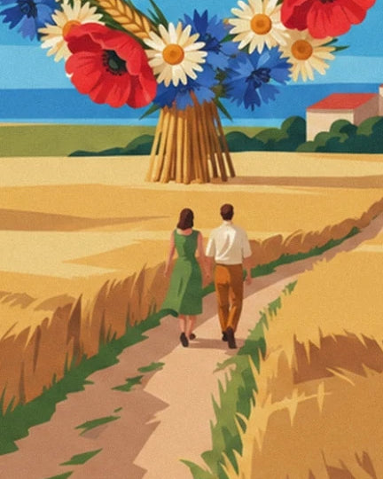 The couple walking hand in hand along the path, through the golden wheat