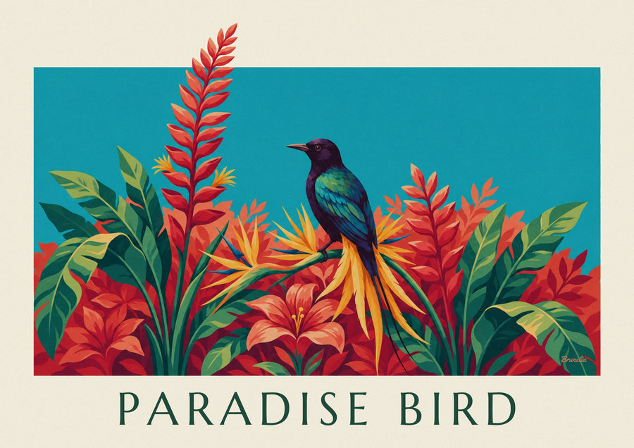 Bird of paradise among tropical flowers poster