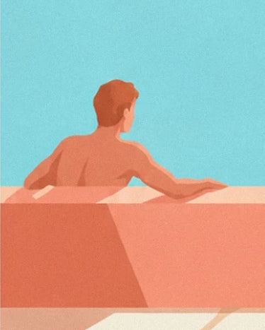 A red-haired figure seen from behind, with an arm stretched along a coral ledge against a turquoise background
