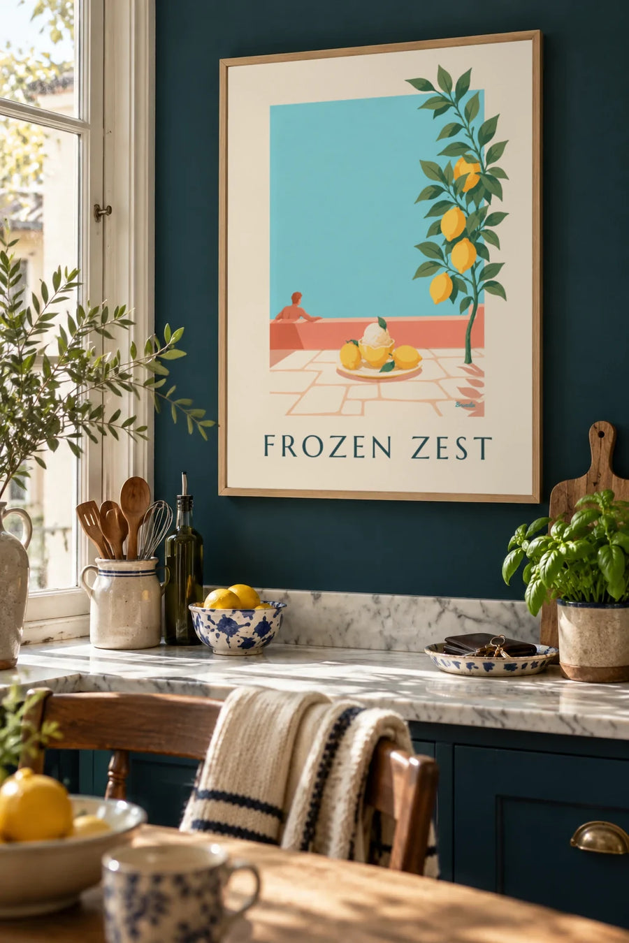Lemon sorbet served in its peel with a mint leaf poster: framed on the wall