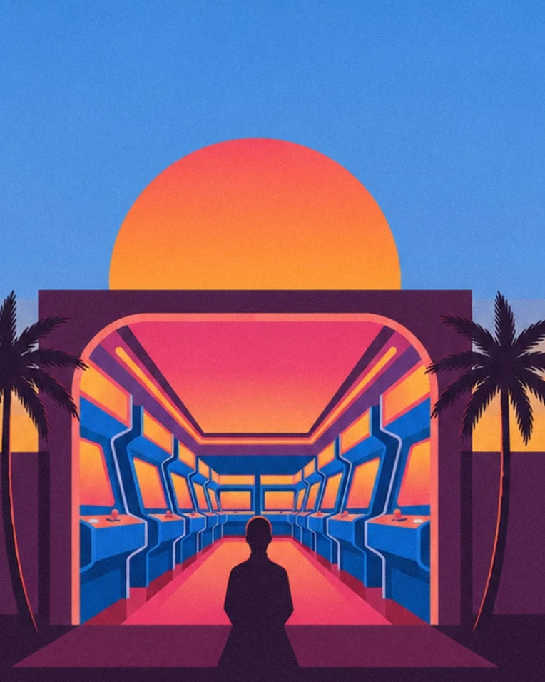 Poster Arcade-Halle mit Neonlichtern und Sonnenuntergang: Detail in Nahaufnahme