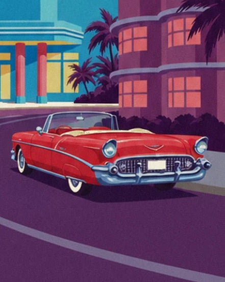 Das rote Cabrio mit silbernem Chrom vor den Fassaden und Palmen des Ocean Drive
