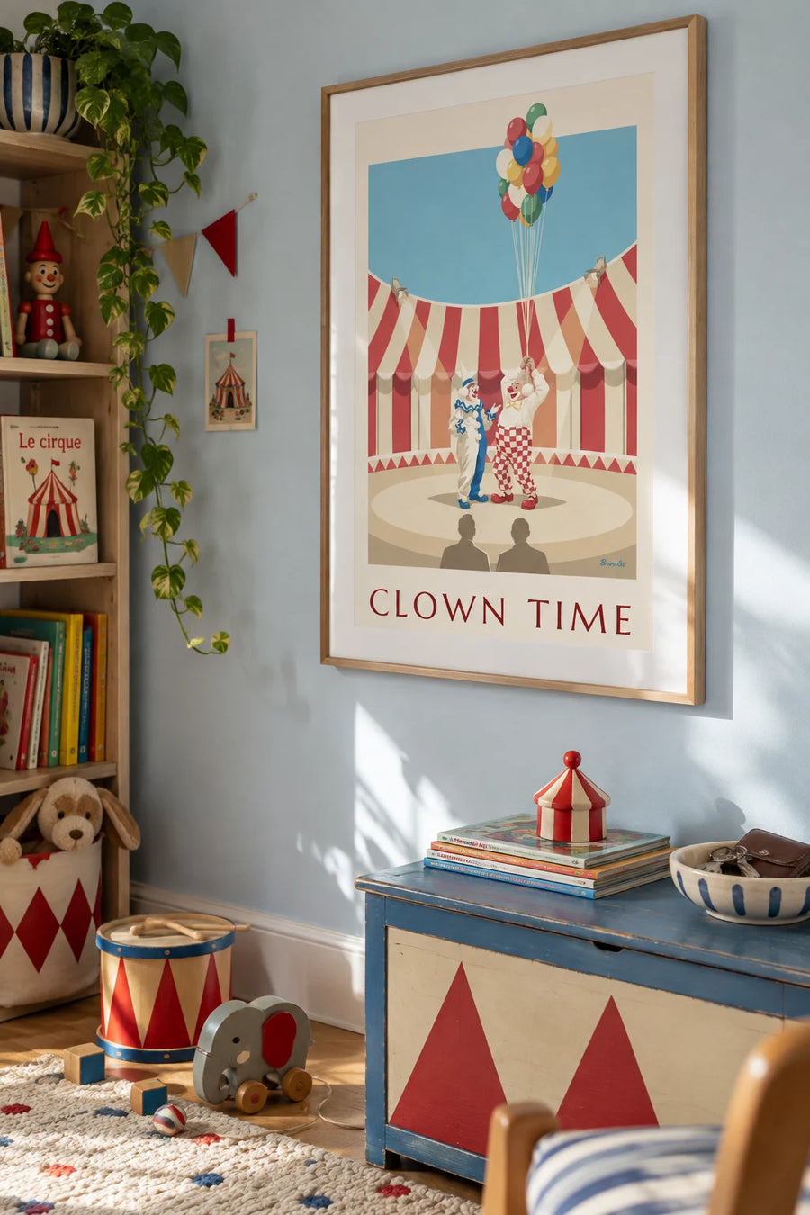 Poster Weißclown und dummer August unter dem Zirkuszelt: gerahmt an der Wand