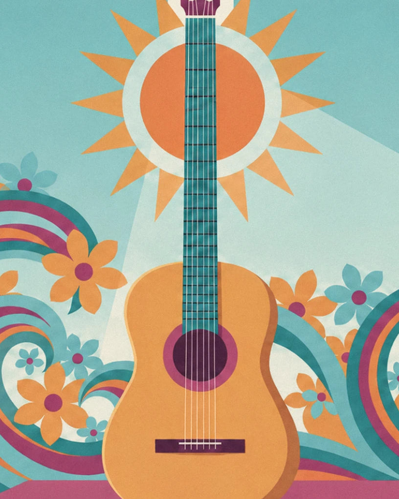Die Akustikgitarre vor einer orangefarbenen Sonne, umgeben von Blumen und Wellen