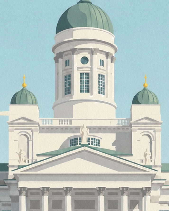 Die grüne Kuppel des Helsinkier Doms und ihre 2 kleinen Kuppeln mit goldenen Spitzen