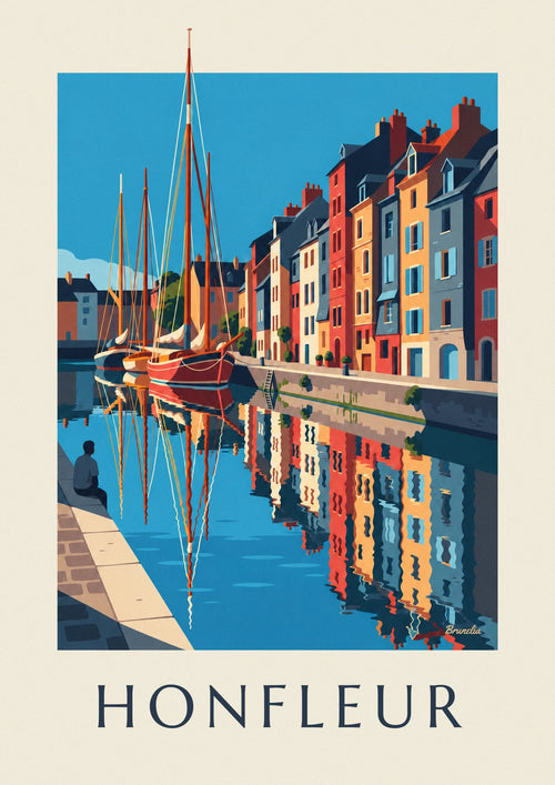 Poster Segelboote und bunte Fassaden am Vieux Bassin von Honfleur: das ganze Poster