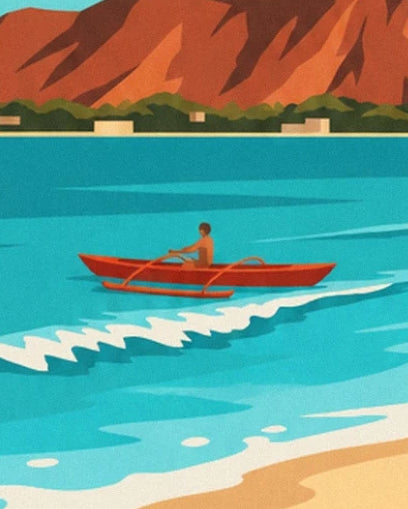 Ein rotes Auslegerkanu und sein Paddler auf dem türkisfarbenen Wasser von Waikiki