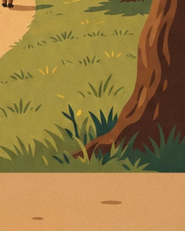 Le pied d’un arbre au tronc brun, bordé de touffes d’herbe et d’un chemin ocre