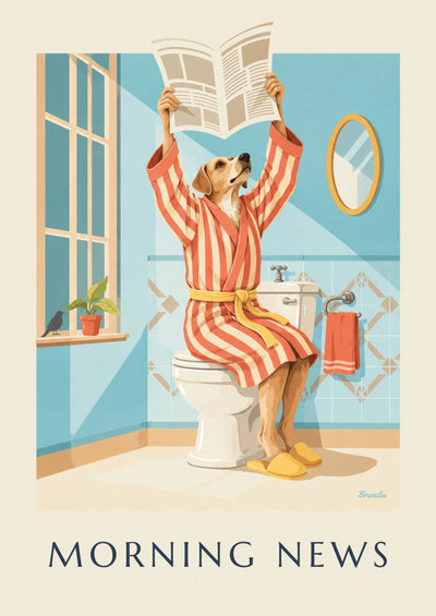 Poster Hund im Bademantel liest die Zeitung auf der Toilette: das ganze Poster