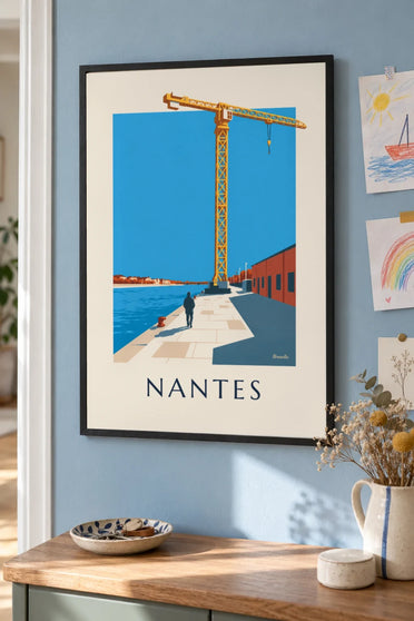 Yellow Titan crane poster on the Île de Nantes: framed on a wall