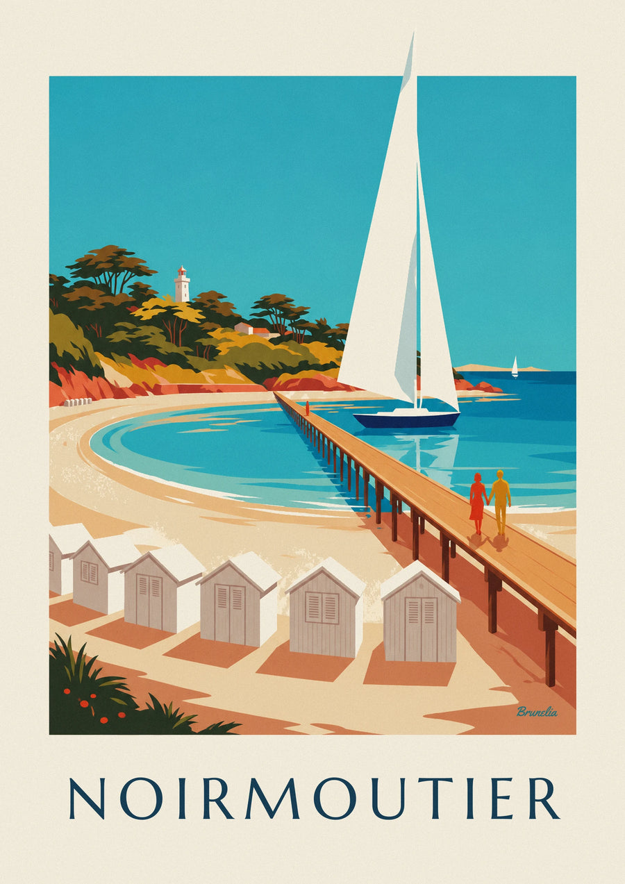 Noirmoutier striped beach huts and wooden pier poster