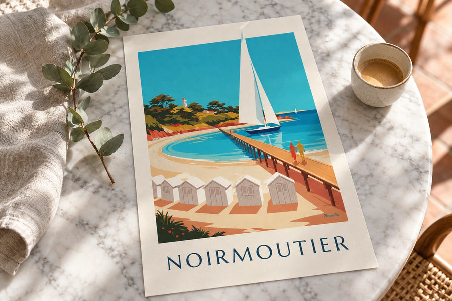Affiche cabines de plage rayées et ponton à Noirmoutier : posée sur une table