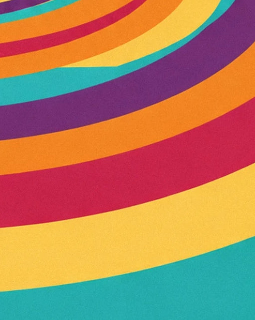 Broad curved purple, orange and red bands against a yellow and turquoise background