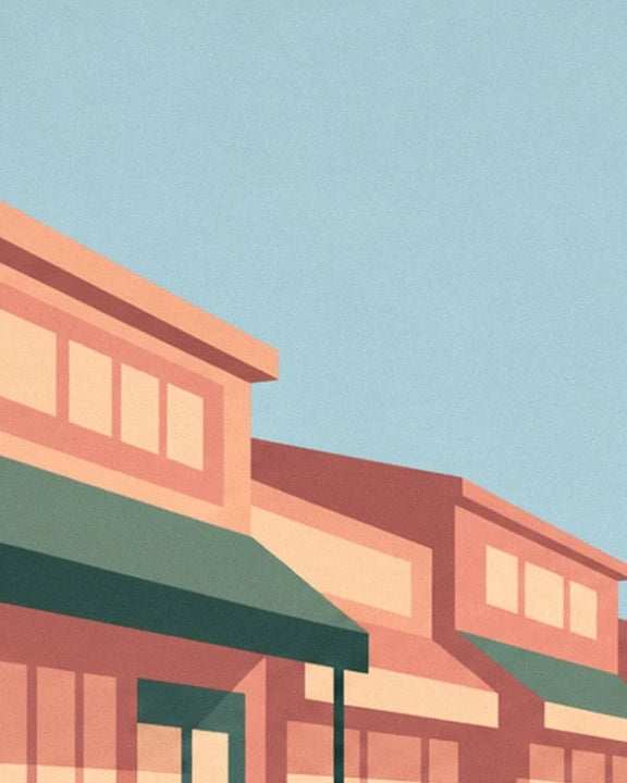 Japanese façades with cream windows and green awnings beneath the blue sky
