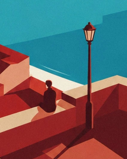 Eine Gestalt, die dem türkisen Wasser zugewandt sitzt, neben einer Straßenlaterne auf den roten Dächern