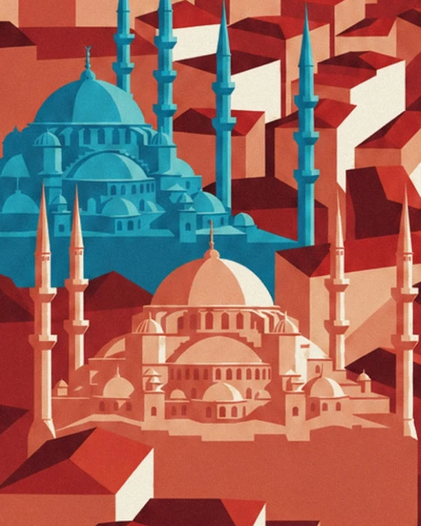 Die Moscheen mit cremefarbenen und türkisfarbenen Kuppeln zwischen den roten Dächern Istanbuls