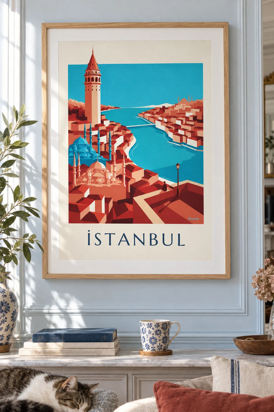 Poster mit geometrischer Stadtkarte von Istanbul und ihren Sehenswürdigkeiten: gerahmt an der Wand