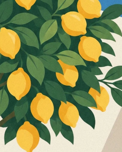 Des citrons dorés parmi les feuilles vertes, devant le mur clair de la terrasse