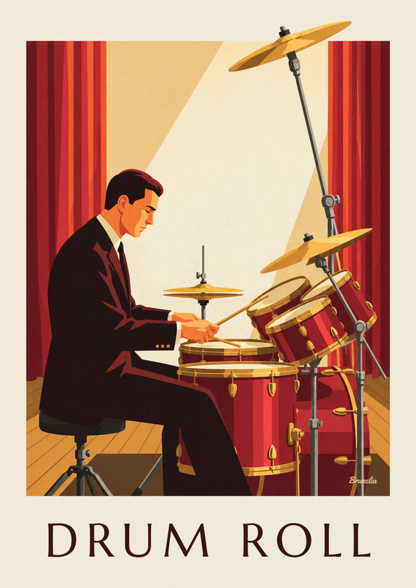 Poster Jazz-Schlagzeuger im Anzug hinter seinem roten Schlagzeug