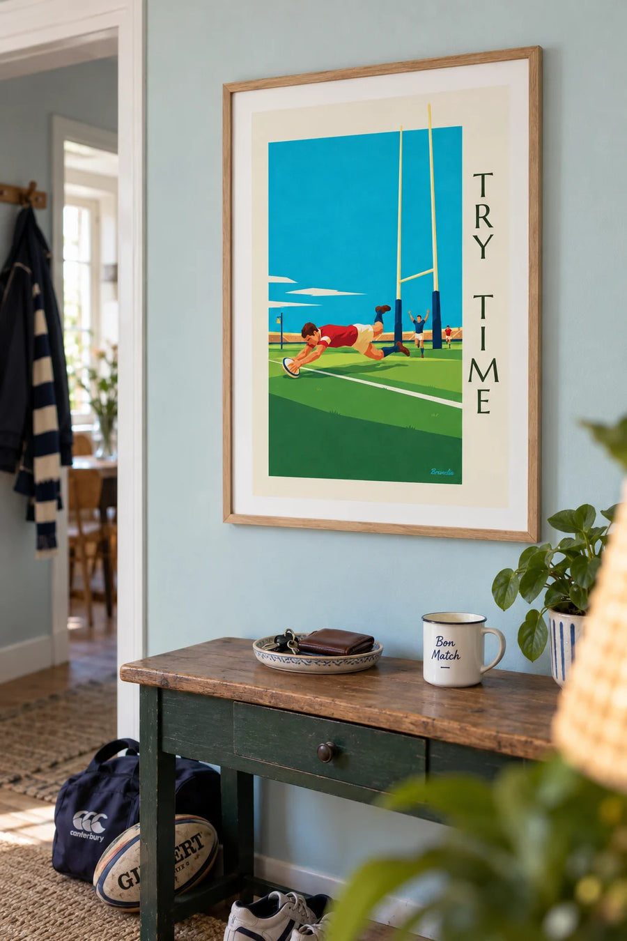 Poster Rugbyspieler beim Versuch im Hechtsprung: gerahmt an der Wand