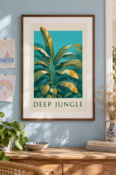 Affiche grandes feuilles de jungle tropicale en camaïeu de vert : encadrée au mur