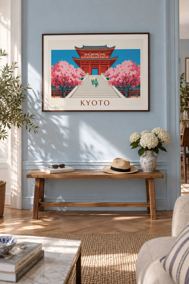 Poster vermillonrotes Tor des Kiyomizu-dera und Kirschbäume in Kyoto: gerahmt an der Wand