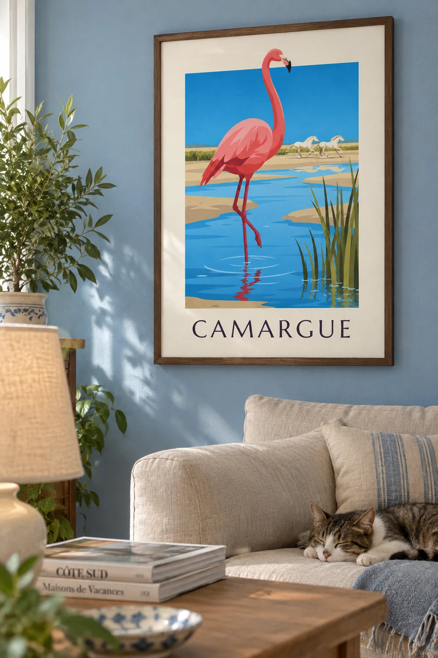 Poster rosa Flamingo und Wildpferde der Camargue: gerahmt an der Wand