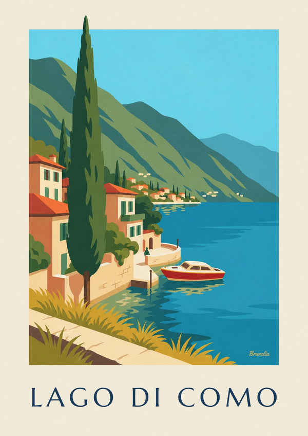 Lake Como shore and wooden boat poster