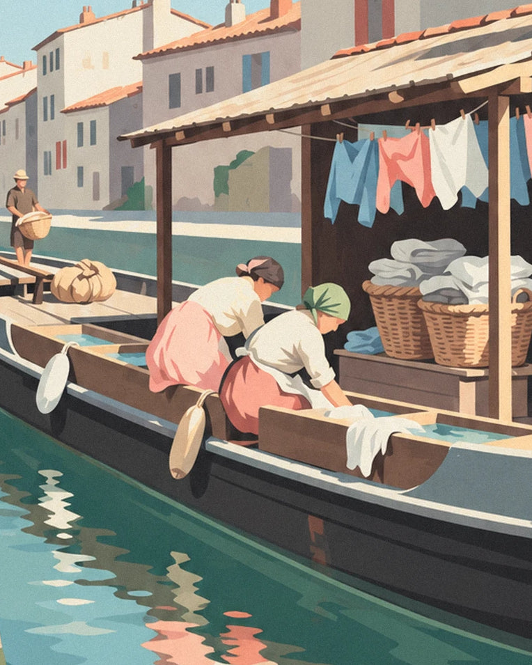 Wash boat moored at the quay with shirts under the awning poster: close-up detail