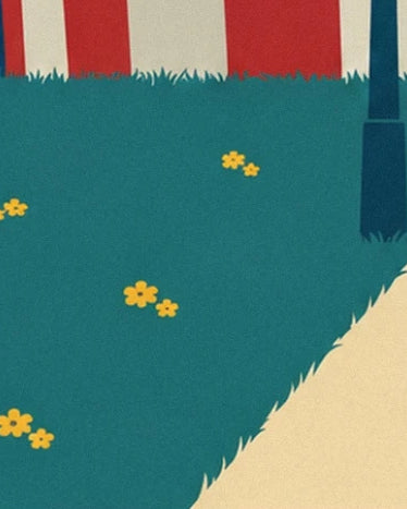 Les fleurs jaunes dans l’herbe au bord de l’allée, au pied du chapiteau rayé