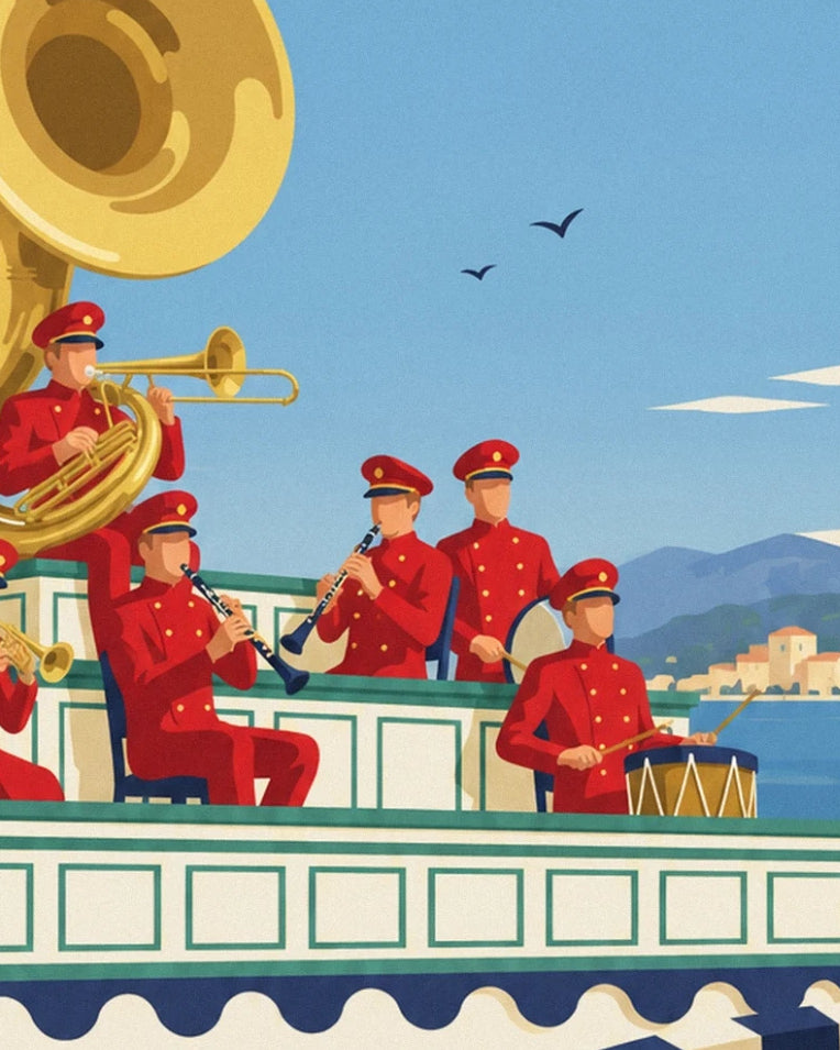 Poster Zirkusorchester beim Spielen auf seiner geschmückten Bühne: Detail in Nahaufnahme
