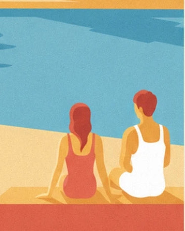 Le duo de dos en maillots rouge et blanc, assis au bord de la piscine