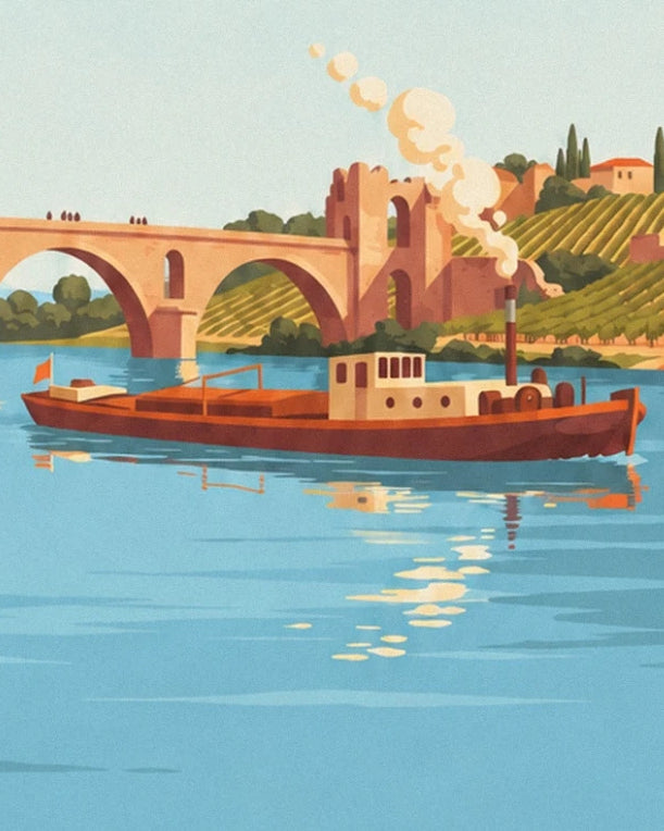Der rote Frachtkahn mit rauchendem Schornstein auf der Rhône, vor der Pont d’Avignon