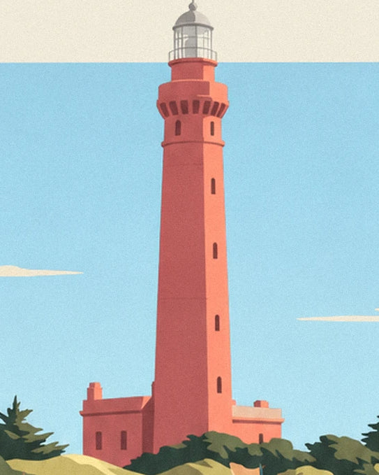 Le phare rouge du Touquet et sa lanterne vitrée au-dessus des buissons