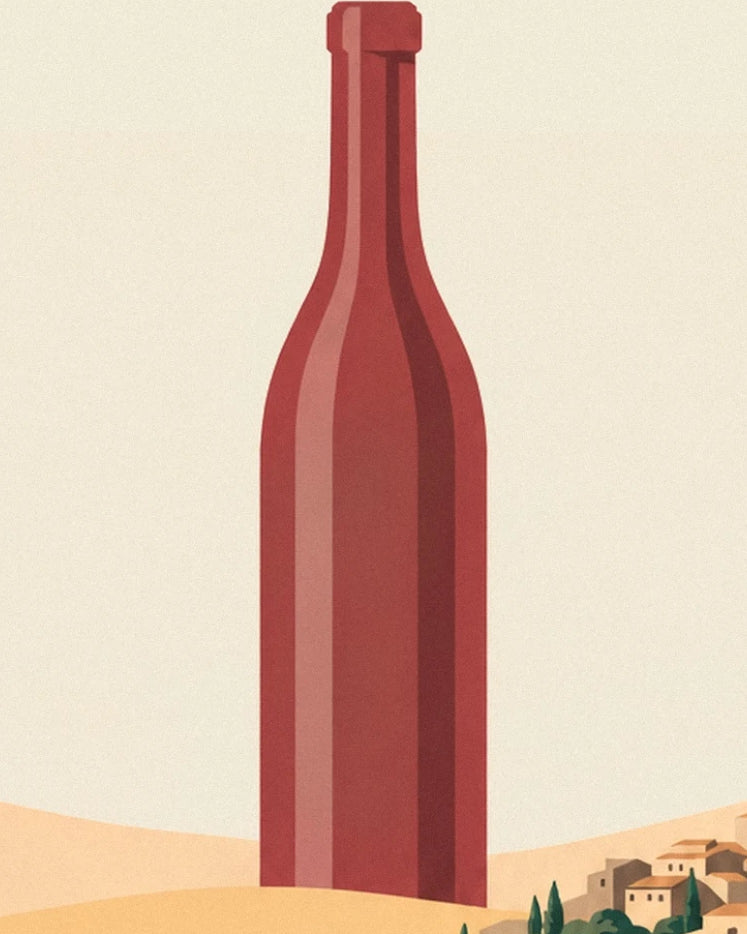 Eine riesige rote Flasche, die über goldenen Hügeln und Dorfhäusern aufragt