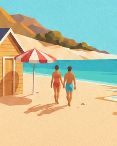 Un couple main dans la main près d'une cabine jaune et d'un parasol rouge et blanc