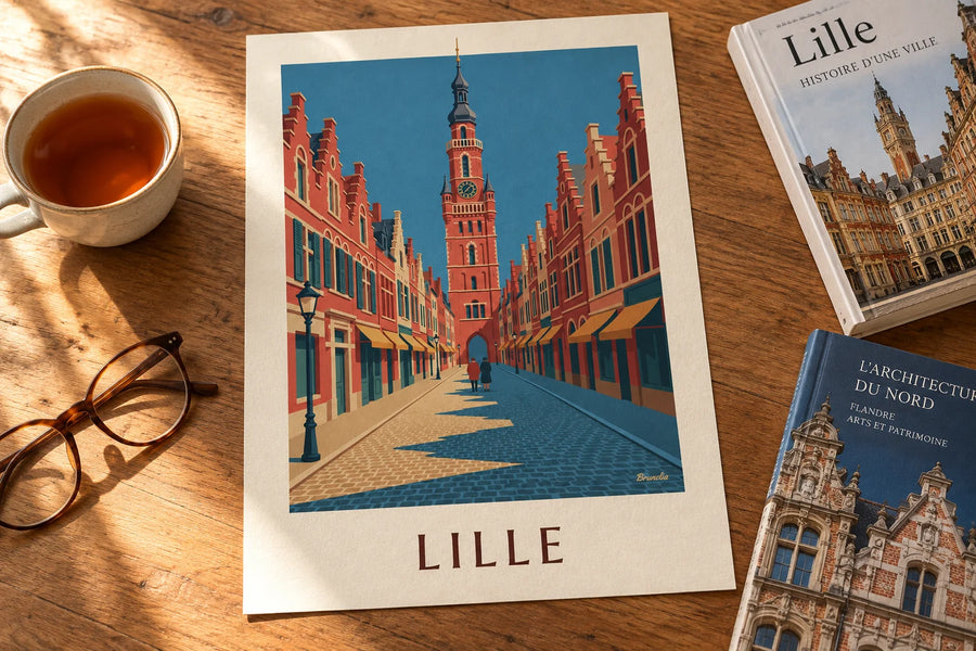 Affiche rue pavée et façades flamandes du Vieux-Lille : posée sur une table